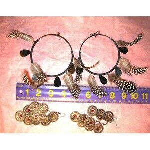 Designer NEW Feather VERY Big Hoop Earrings Hoops Pierced Wrapped & 1 Dangle Ear